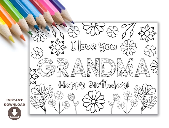 Printable coloring birthday card for grandma grandmother birthday card diy gift kids craft for grandma birthday instant download card