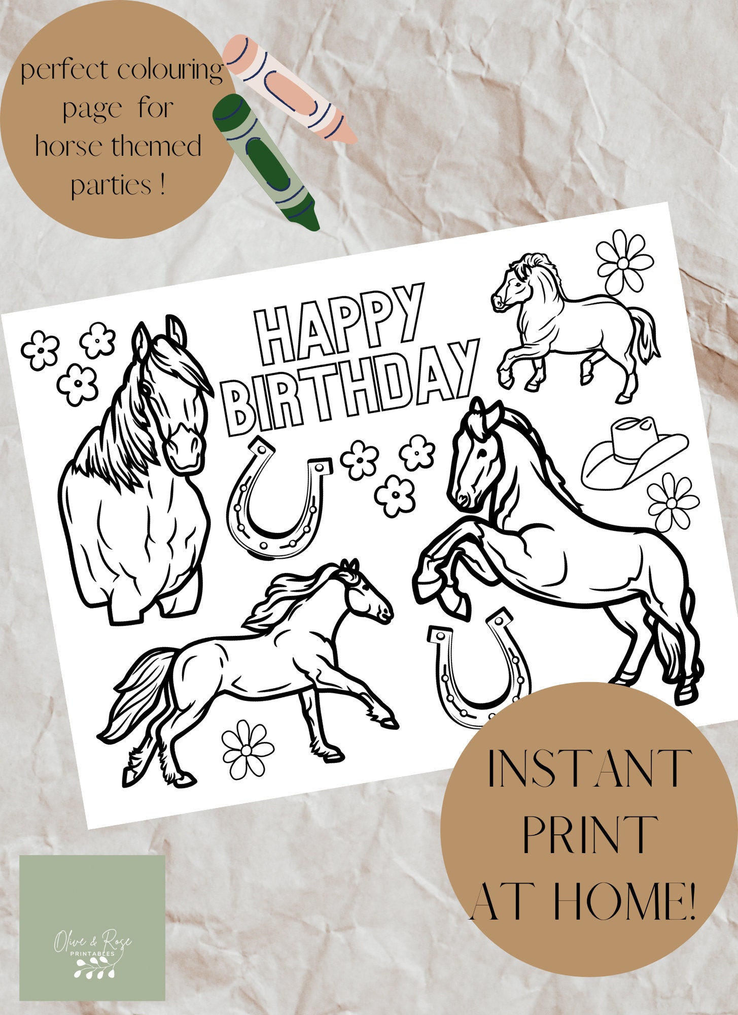 Horse colouring coloring printable digital download birthday pony party game