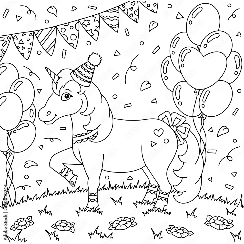 A funny unicorn in a party hat having fun on a birthday party cute horse coloring book page for kids cartoon style vector illustration isolated on white background vector