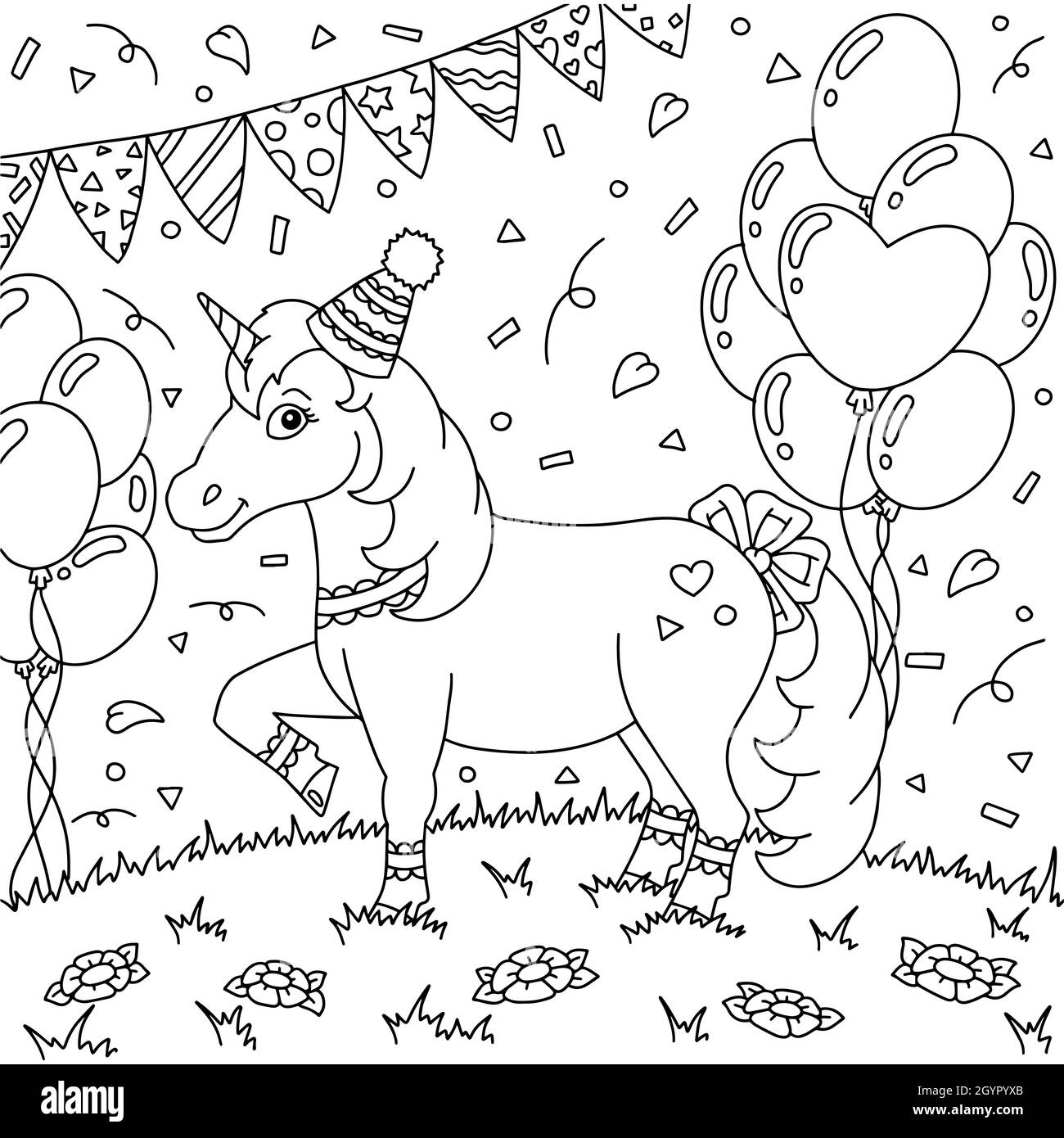 A funny unicorn in a party hat having fun on a birthday party cute horse coloring book page for kids cartoon style vector illustration isolated on stock vector image art