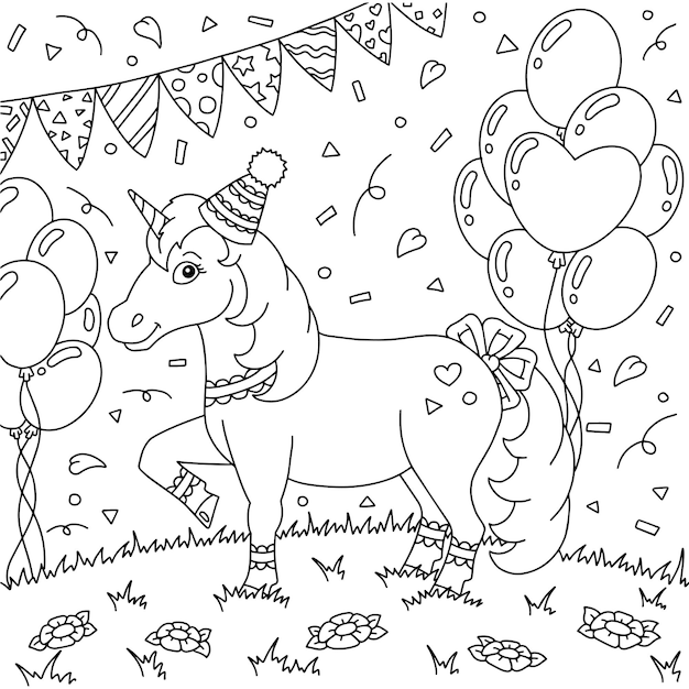 Premium vector a funny unicorn in a party hat having fun on a birthday party cute horse coloring book page