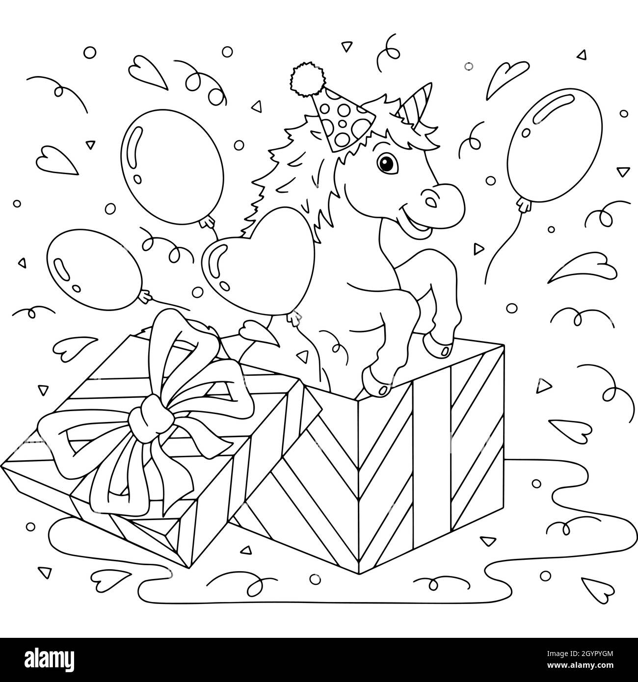 A funny unicorn jumps out of a gift box birthday theme cute horse coloring book page for kids cartoon style vector illustration isolated on white stock vector image art