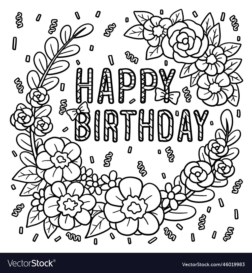 Happy birthday with flower wreath coloring page vector image