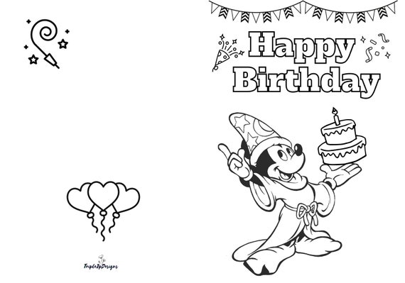 Printable happy birthday mickey mouse coloring card color your own diy birthday card digital download coloring birthday cards for kids instant download