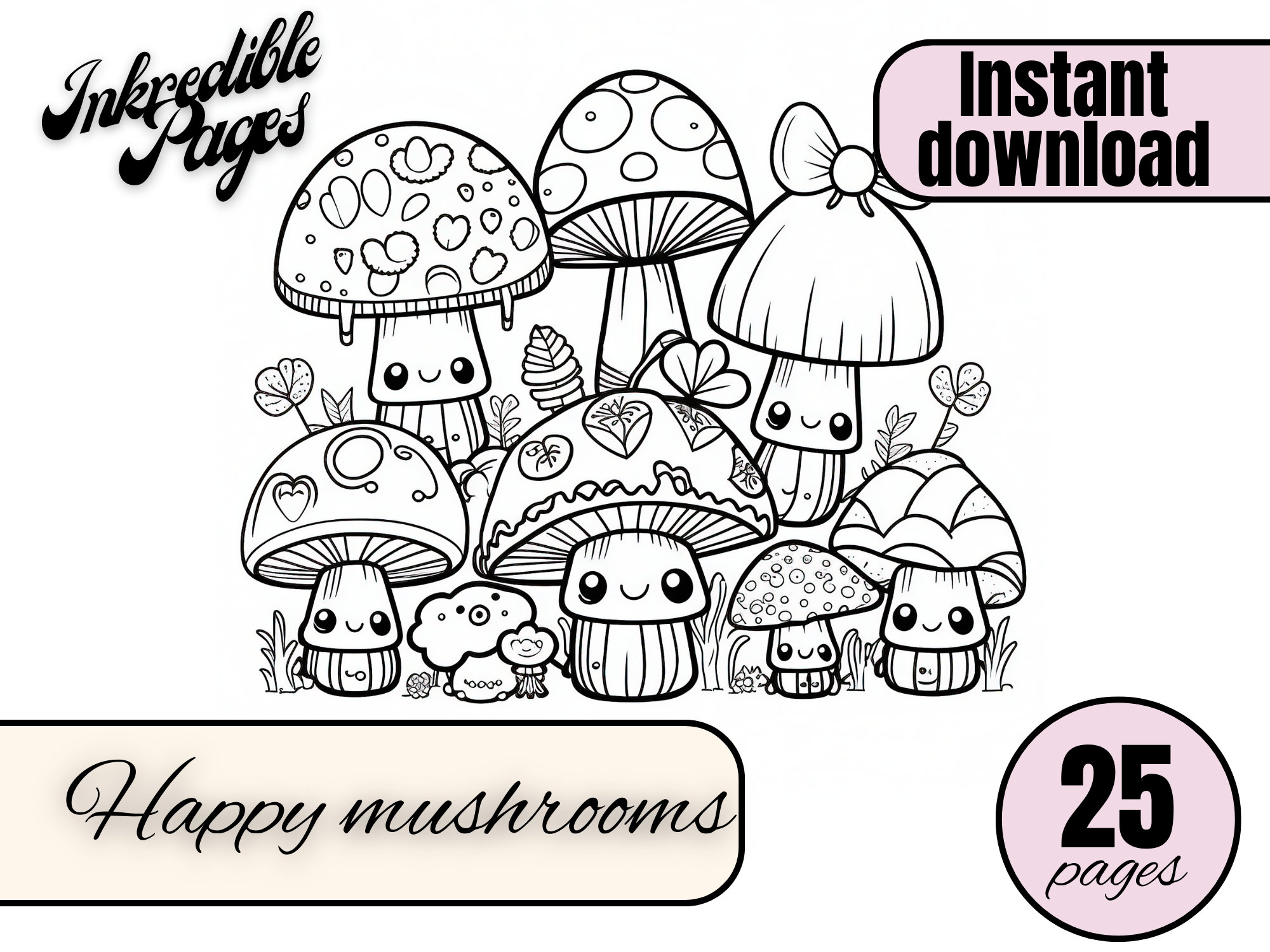 Coloring pages for adults happy mushrooms to color adult coloring books printable relaxing gift idea instant digital download illustration