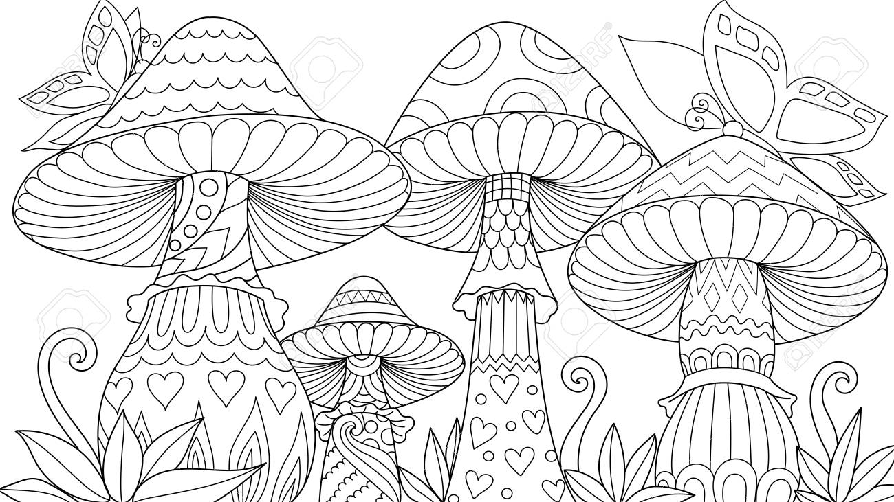 Cute three mushroom in spring time with butterflies for design element and coloring bookcoloring pagecolouring picture vector illustration royalty free svg cliparts vectors and stock illustration image