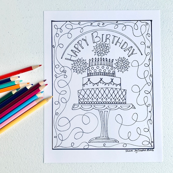 Happy birthday cake coloring page printable coloring page downloadable pdf gift coloring page