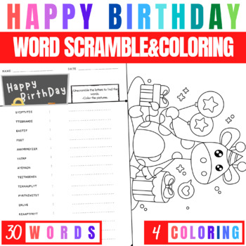 Happy birthday word scramble puzzle worksheet coloring pages activity for kids