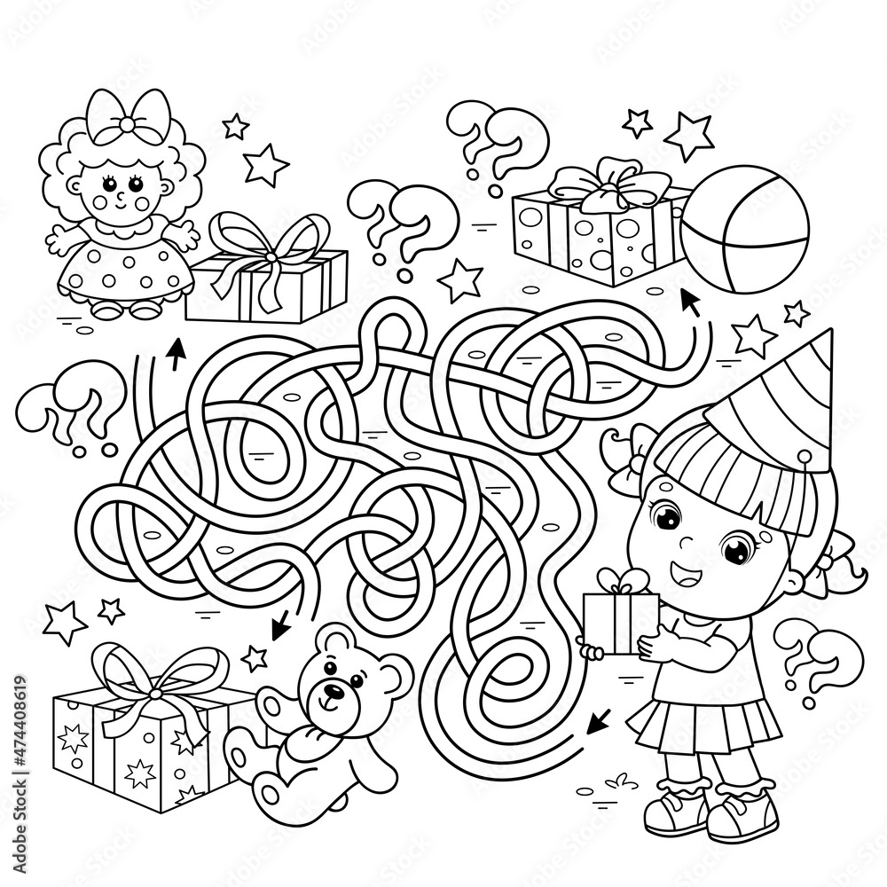 Maze or labyrinth game puzzle tangled road coloring page outline of cartoon little girl with gifts and with toys birthday coloring book for kids vector
