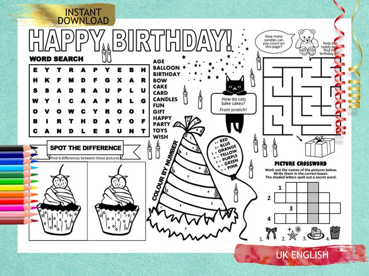 Happy birthday puzzle placemat pdf crossword puzzles activity sheet puzzle sheet place mat printable print out birthday party