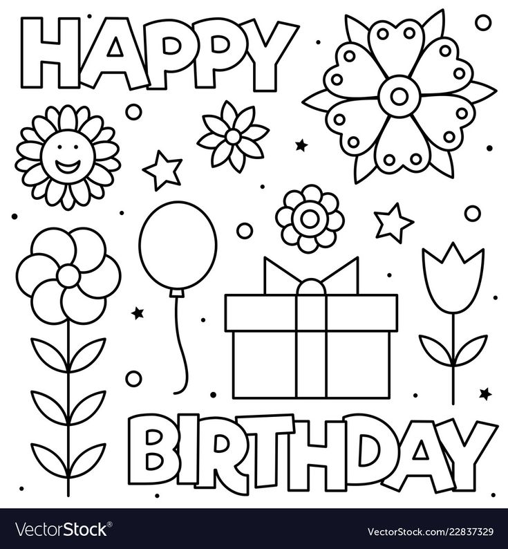 Happy birthday coloring page black and white vector illustration download a free prâ happy birthday coloring pages birthday coloring pages mom coloring pages