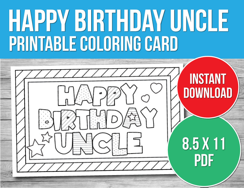 Birthday coloring card for uncle printable birthday card for kids digital download kids coloring card