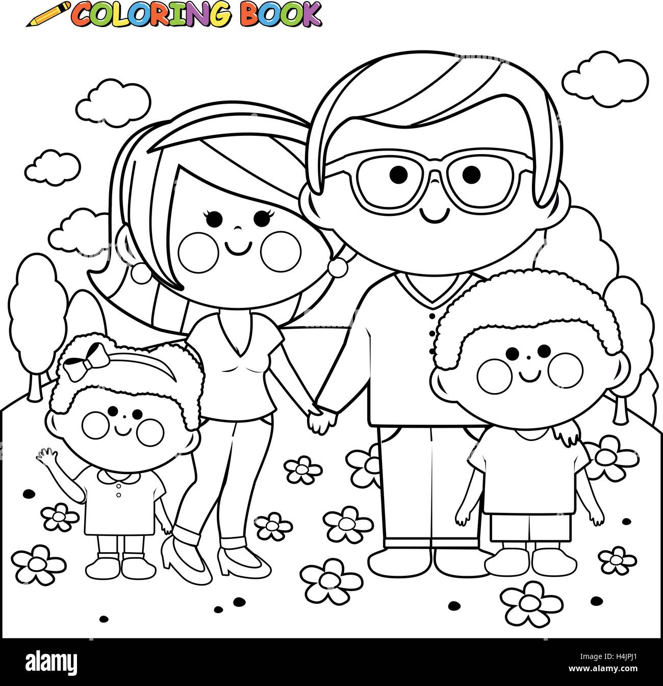 Happy family at the park coloring book page stock vector image art