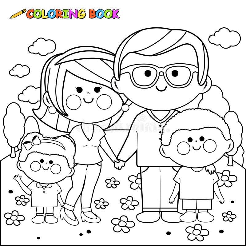 Happy family at the park vector black and white coloring page stock vector