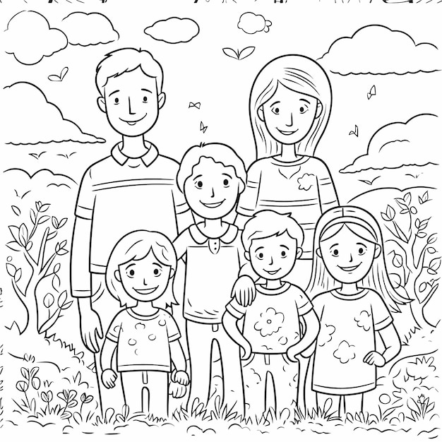 Premium vector sketch hand drawn single line art coloring page line drawing family day
