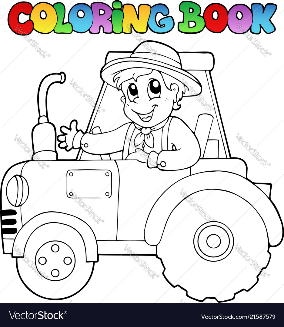 Coloring book farmer on tractor royalty free vector image
