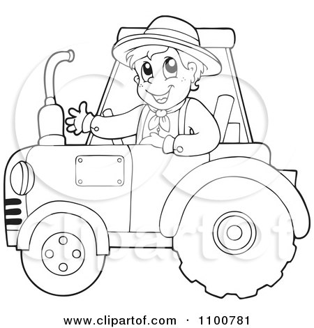 Clipart outlined happy farmer driving a red tractor
