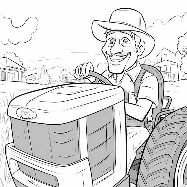 Premium ai image tractor tales black and white cartoon coloring page with a happy farmer