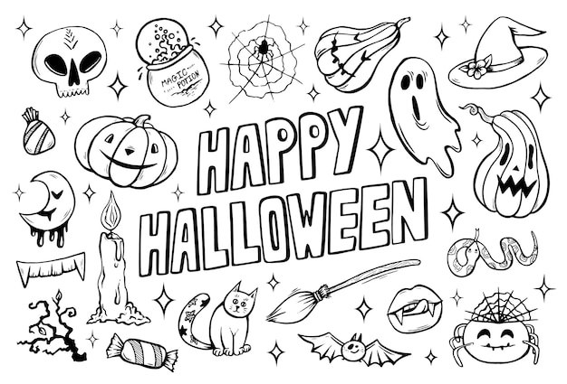 Premium vector happy halloween coloring page with hand drawn spooky objects and pumpkins cute halloween coloring sheet vector illustration