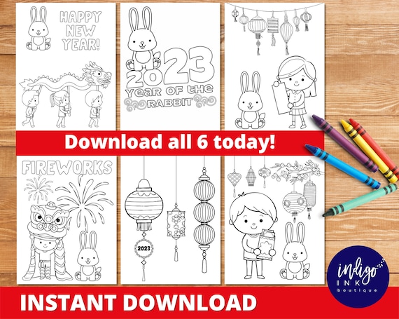 Chinese new year coloring pages instant download year of the rabbit coloring sheets lunar new year coloring
