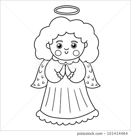 Vector black and white angel with curly hair