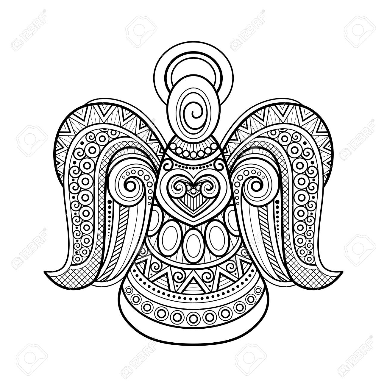 Monochrome ornate christmas decoration happy new year symbolic angel floral ornament holiday objects in doodle line style for greeting card coloring book page vector contour illustration royalty free svg cliparts vectors and