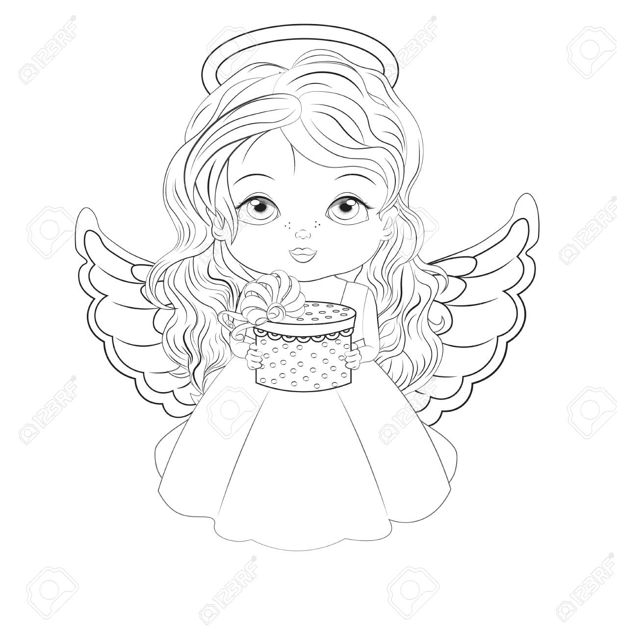 Coloring book beautiful little baby girl christmas angel in white dress with gift picture in hand drawing style for happy new year greeting card party invitation fashion clothes t