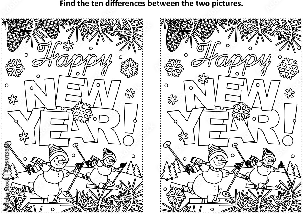 Happy new year greeting find the ten differences picture puzzle and coloring page with greeting text winter scene skiing snowmen vector