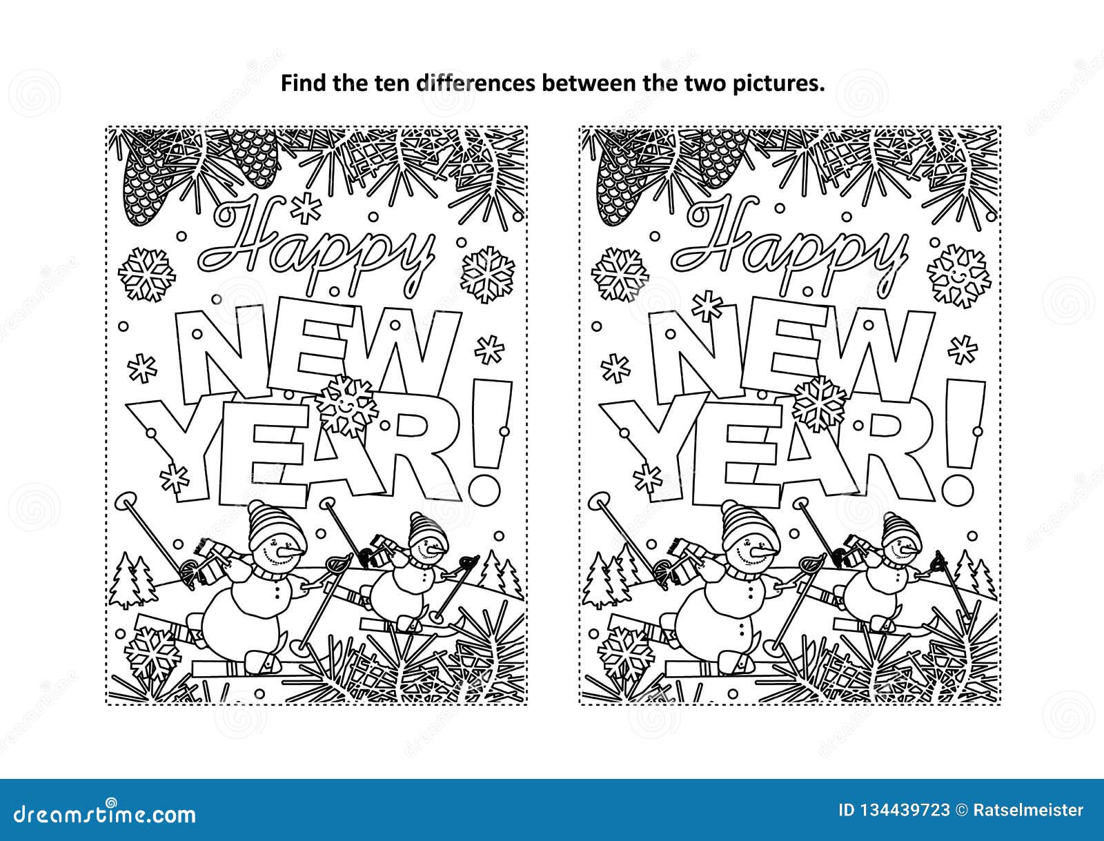 Happy new year greeting find the differences visual puzzle and coloring page stock vector