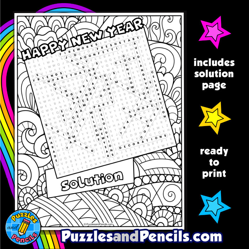 Happy new year word search puzzle activity page with coloring made by teachers