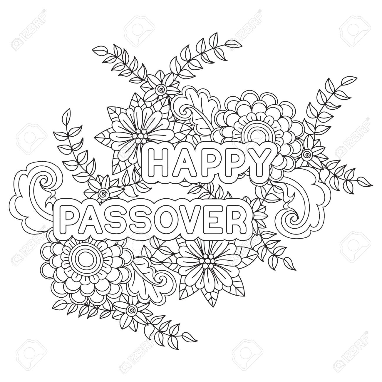 Happy passover background greeting card coloring page hand drawn flowers on white background isolated on white vector illustration royalty free svg cliparts vectors and stock illustration image