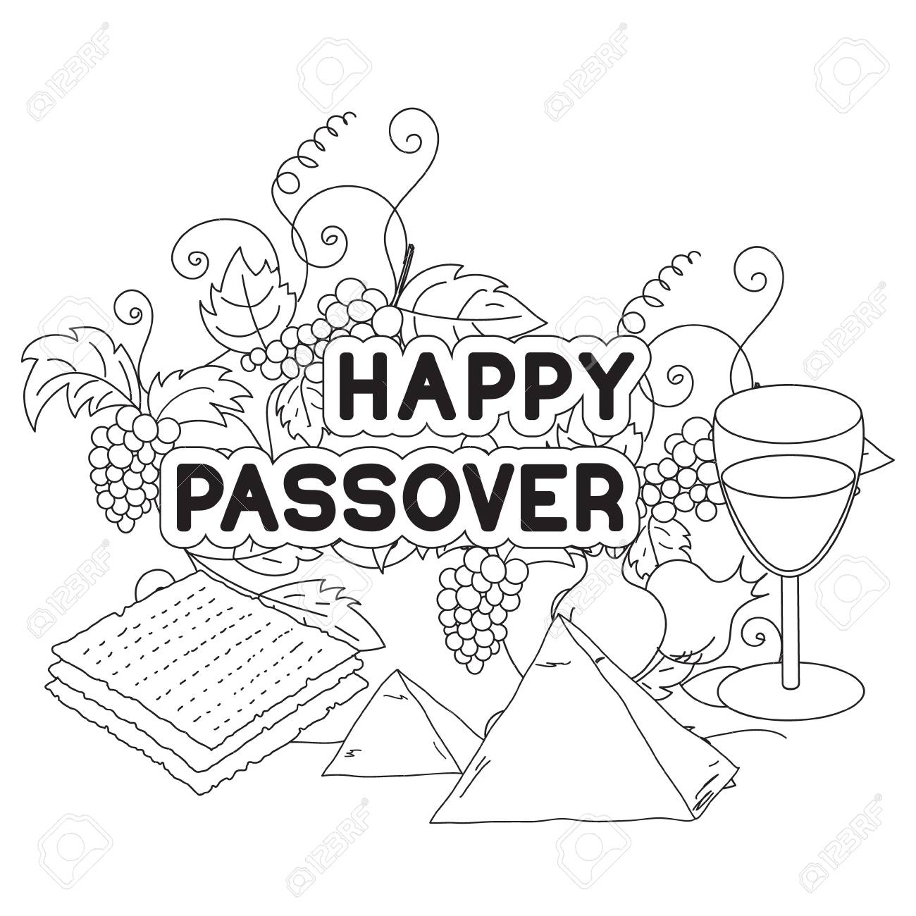 Happy passover greeting card coloring page hand drawn elements on white background isolated on white vector illustration royalty free svg cliparts vectors and stock illustration image