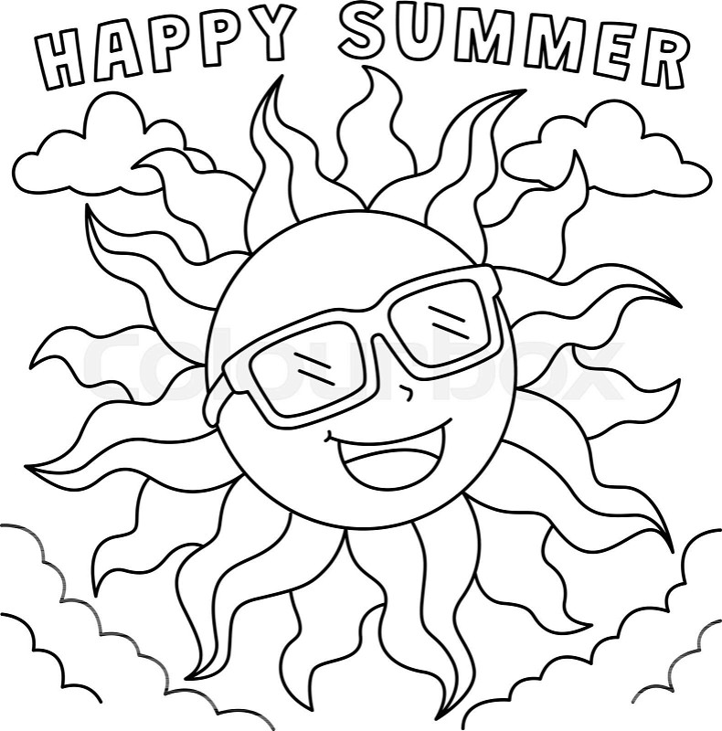 Sun with happy summer coloring page for kids stock vector