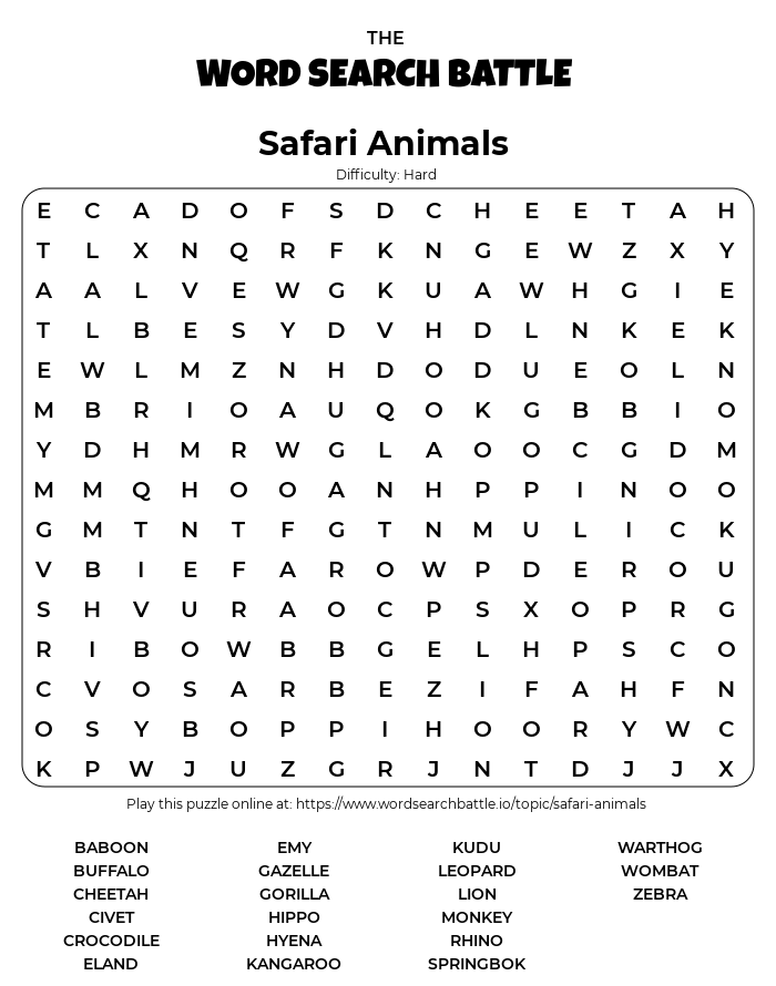 Printable safari animals word search