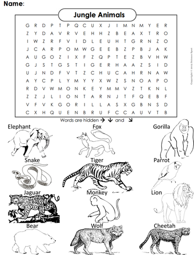 Jungle animals word search coloring book teaching resources