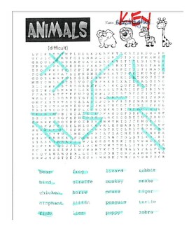 Animals word search
