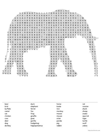 Shaped word search animals free printable puzzles word games for kids fun math