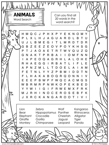 Animal word search â tims printables
