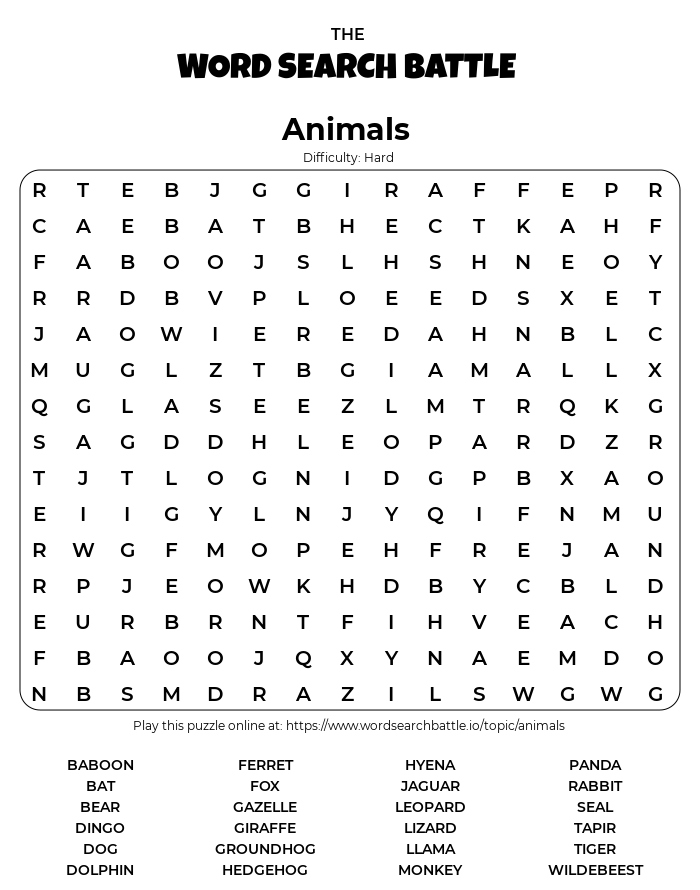 Printable animals word search