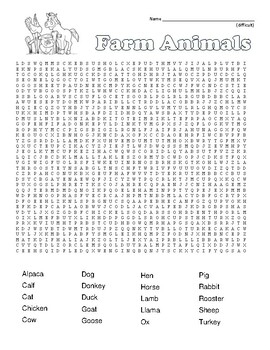Difficult farm animals word search with coloring page and key tpt