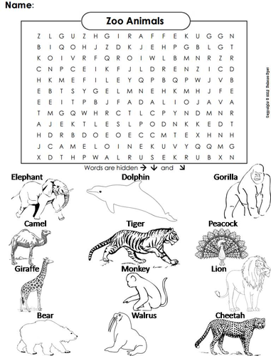 Zoo animals word search coloring book teaching resources