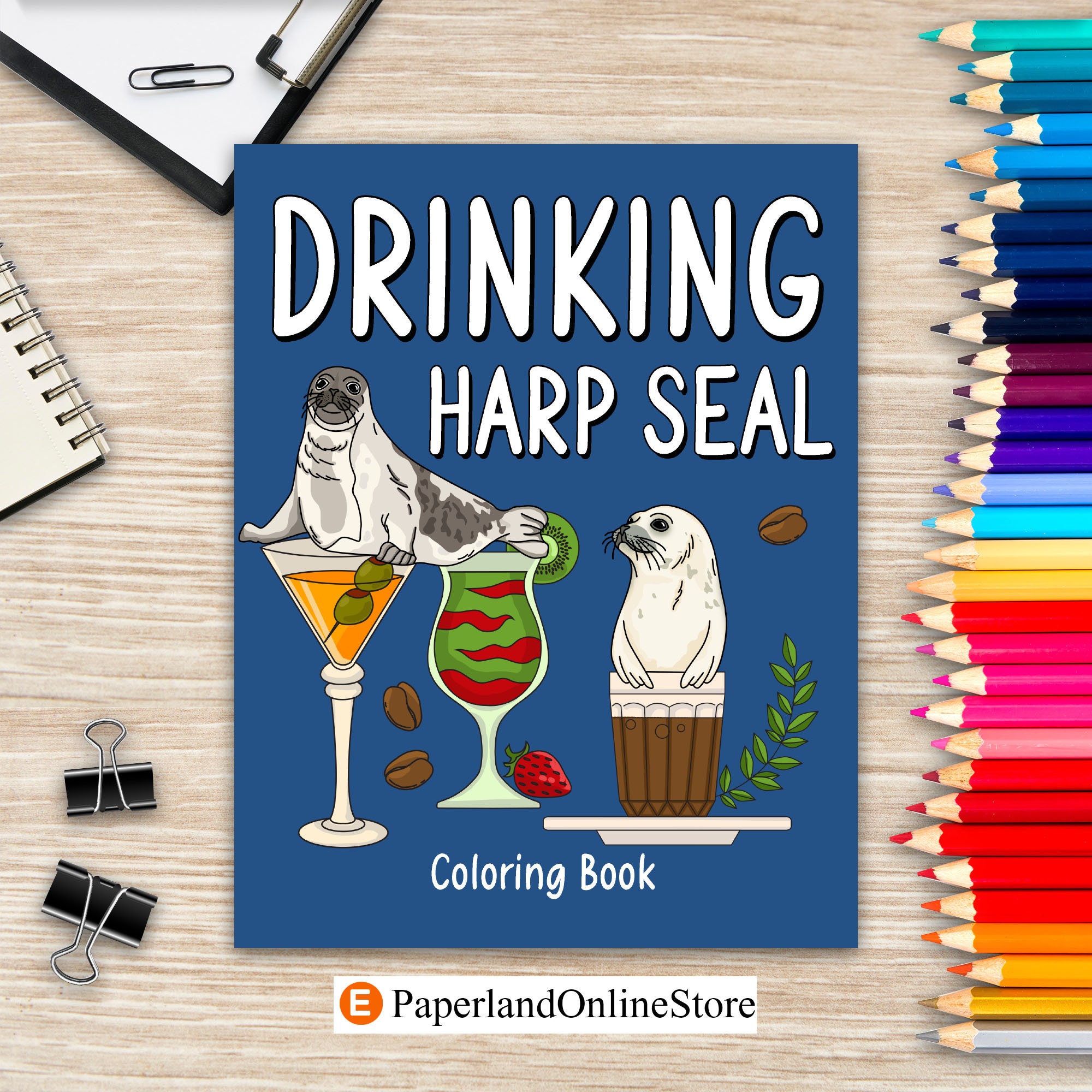 Drinking harp seal coloring book recipes menu coffee cocktail smoothie frappe and drinks activity painting books for animal lovers