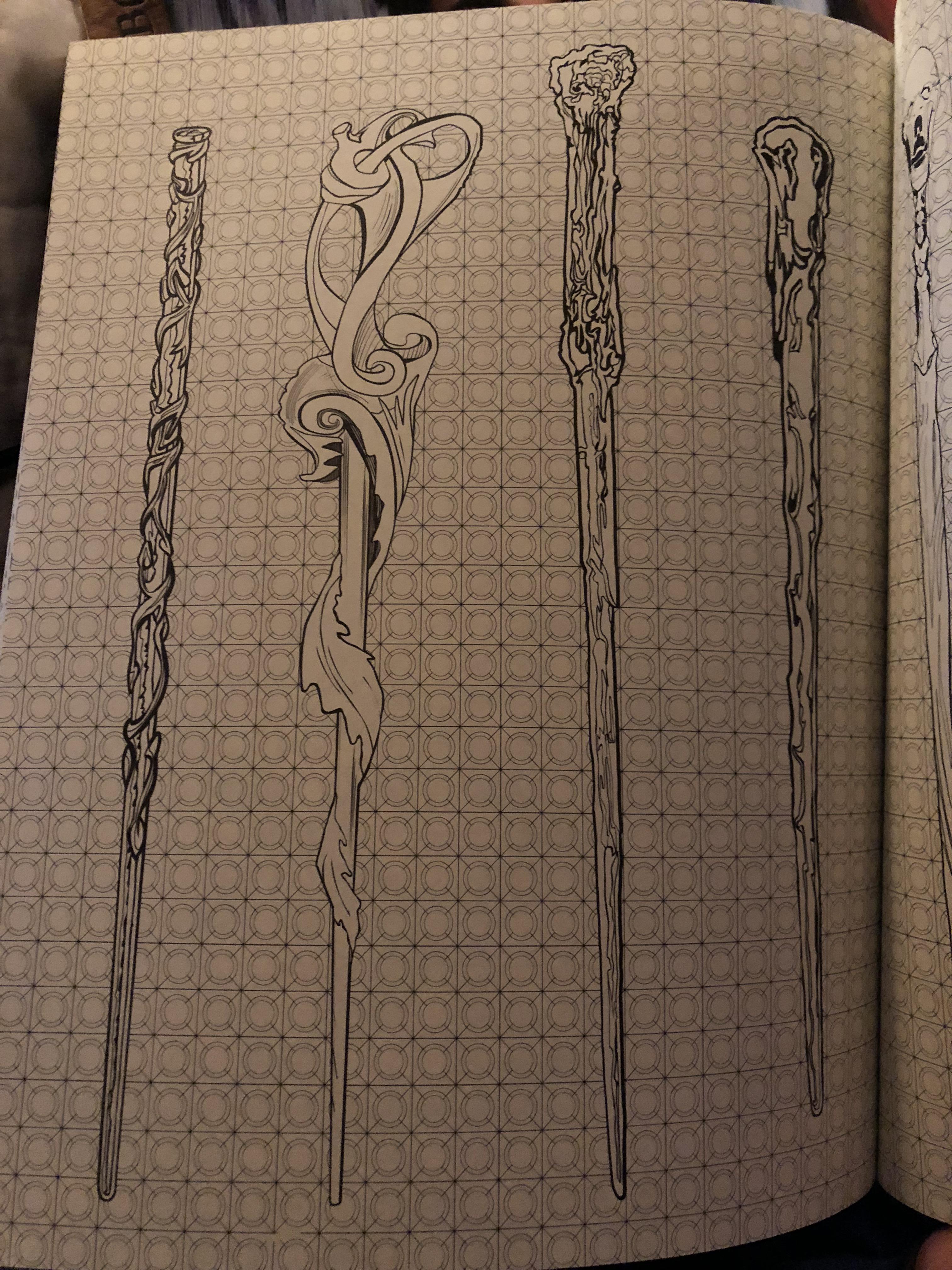 Can anyone id the second wand this is from a coloring book i can tell that harry ron and hermiones wands are on this page but cant figure out the other one