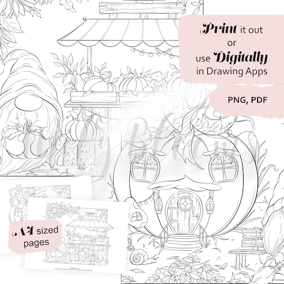 Printable and digital fall adults coloring pages gnomes pumpkin home roadside stand autumn harvest colouring sheets floral print at home download now