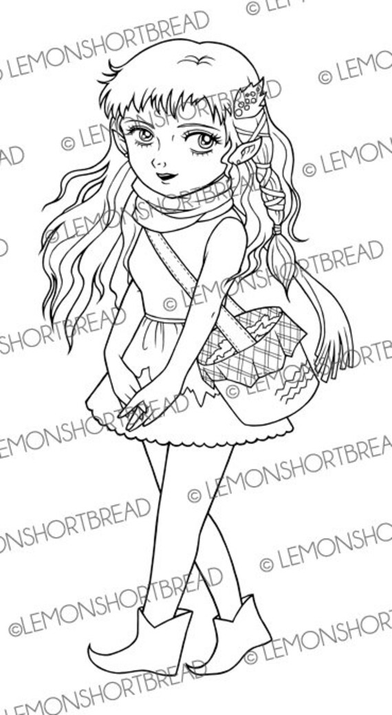 Digital stamp autumn harvest elf digi fall fairy girl fantasy anime coloring page nature line art instant download
