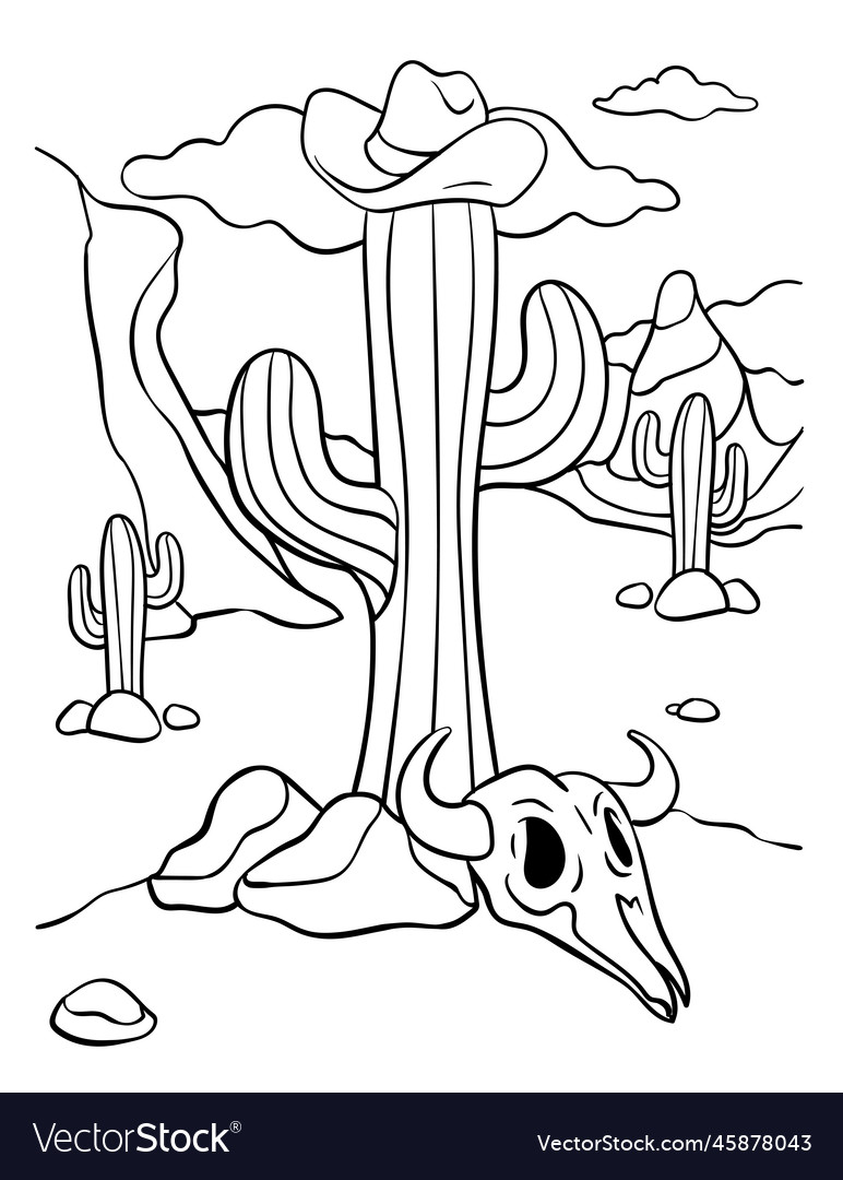 Cowboy hat cactus and bull skull coloring page vector image