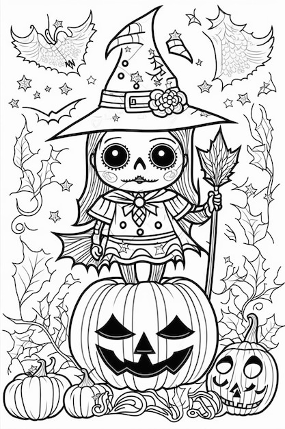 Premium ai image a coloring page with a skeleton in a witch hat and pumpkins generative ai