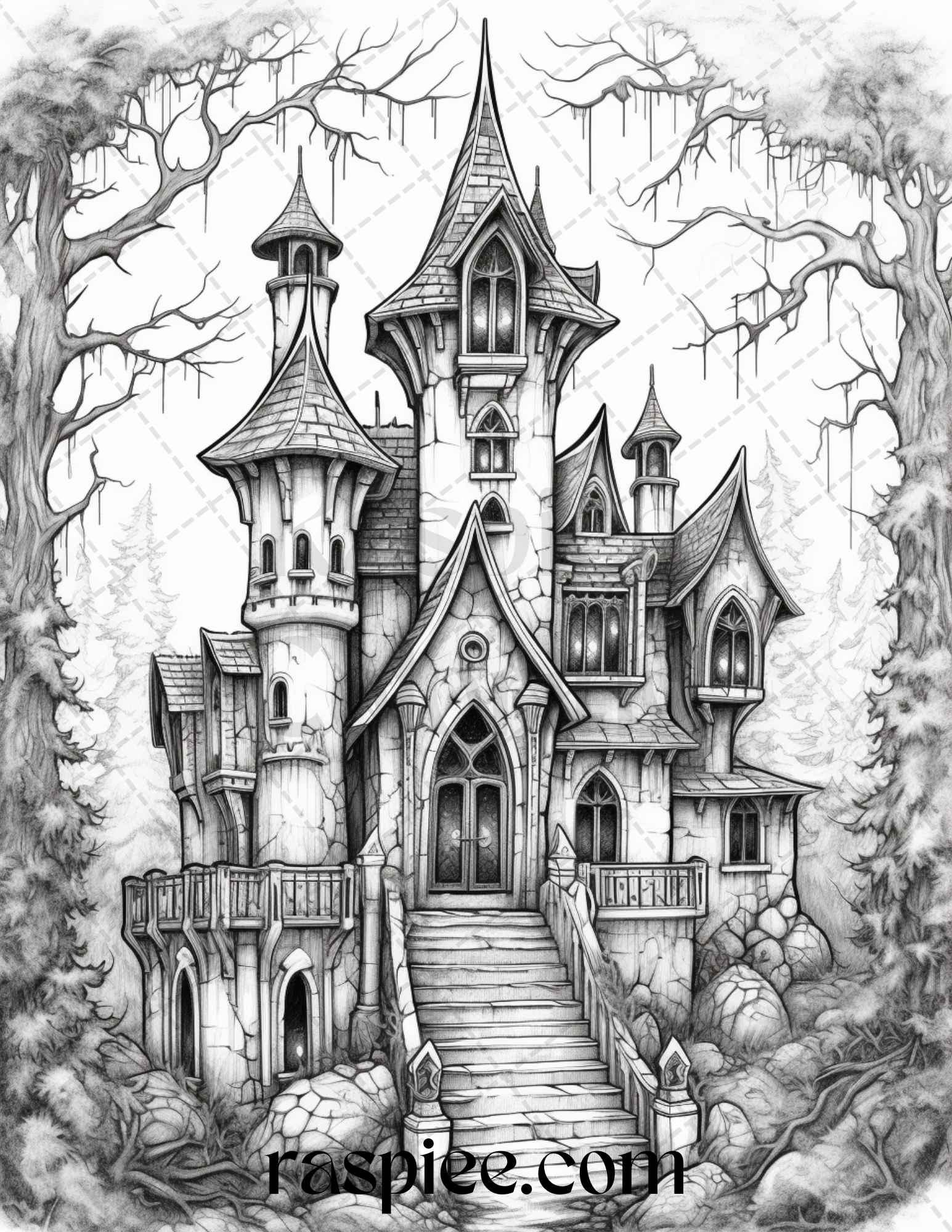 Haunted castles grayscale coloring pages printable halloween color â coloring
