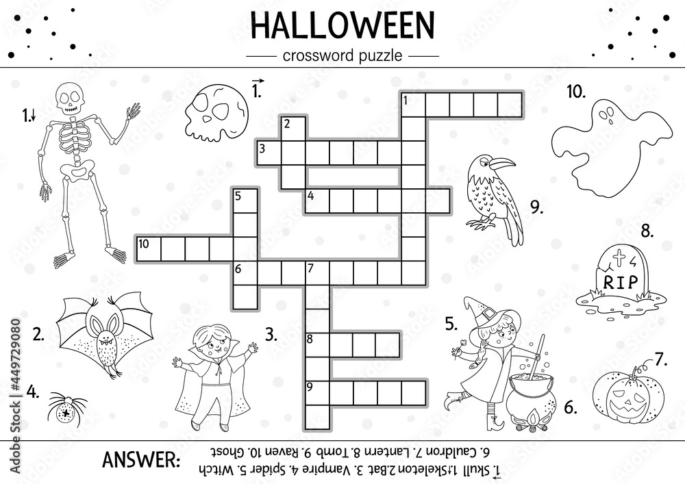 Vector black and white halloween crossword puzzle for kids simple quiz or coloring page with all saints day objects educational activity with traditional scary objects such as witch ghost vampire vector