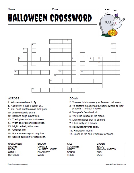 Halloween crossword puzzle â free printable
